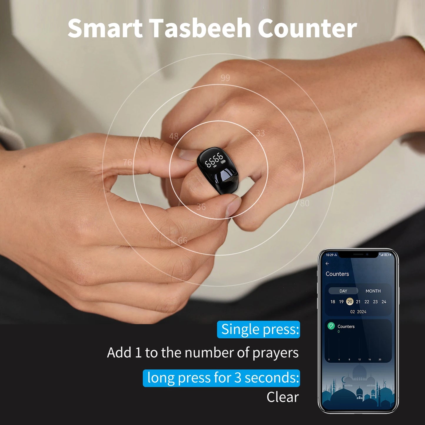 Bague Zikr Intelligente Noravia™ — Compteur Tasbih OLED avec Rappels de Prière